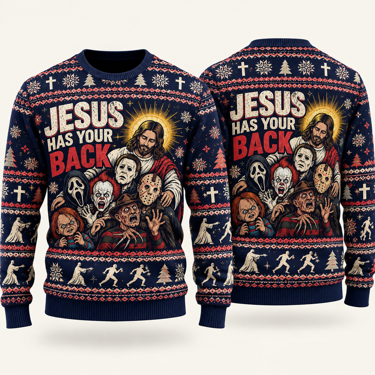 Jesus vs Horror Ugly Sweater 1